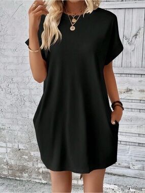 Black Short-Sleeve Pocket Tee Dress